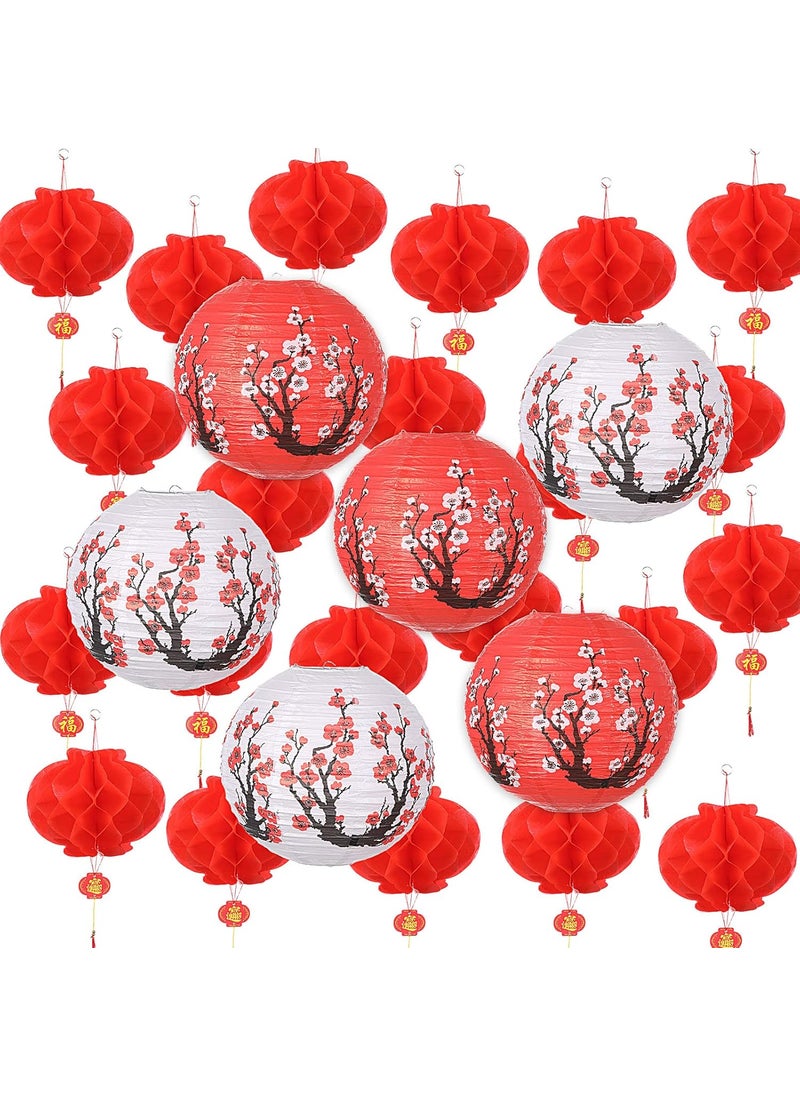 Reginary 56 Pcs Japanese Party Decorations Chinese Paper Lanterns Cherry Blossom 50 Pcs 10 Inch Chinese Red Paper Lanterns 6 Pcs 12 Inch Japanese Cherry Blossom for New Year Spring Festival Wedding  - Image 1