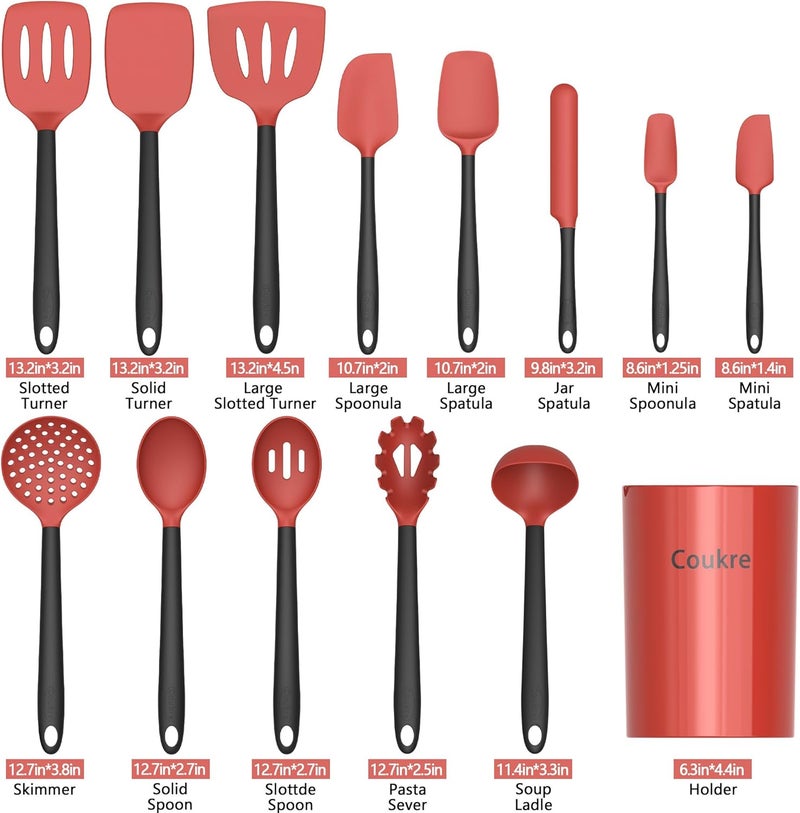 Coukre Silicone Kitchen Cooking Utensils Set with Holder – Heat-Resistant, Food-Grade Kitchen Tools, Spatula, Spoon & Gadgets for Non-Stick Pans, Dishwasher Safe (14, Red) - Image 2