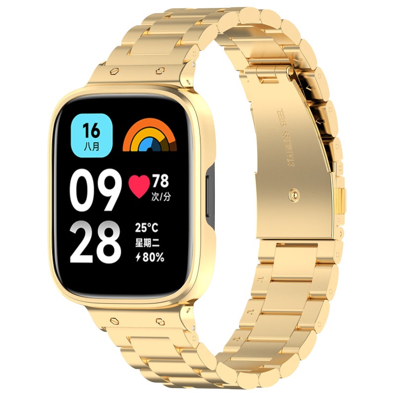 erorex For Redmi Watch 3 Lite / Watch 3 Active 2 In 1 Three-Bead Metal Watch Band With Watch Frame(Gold) - Image 1