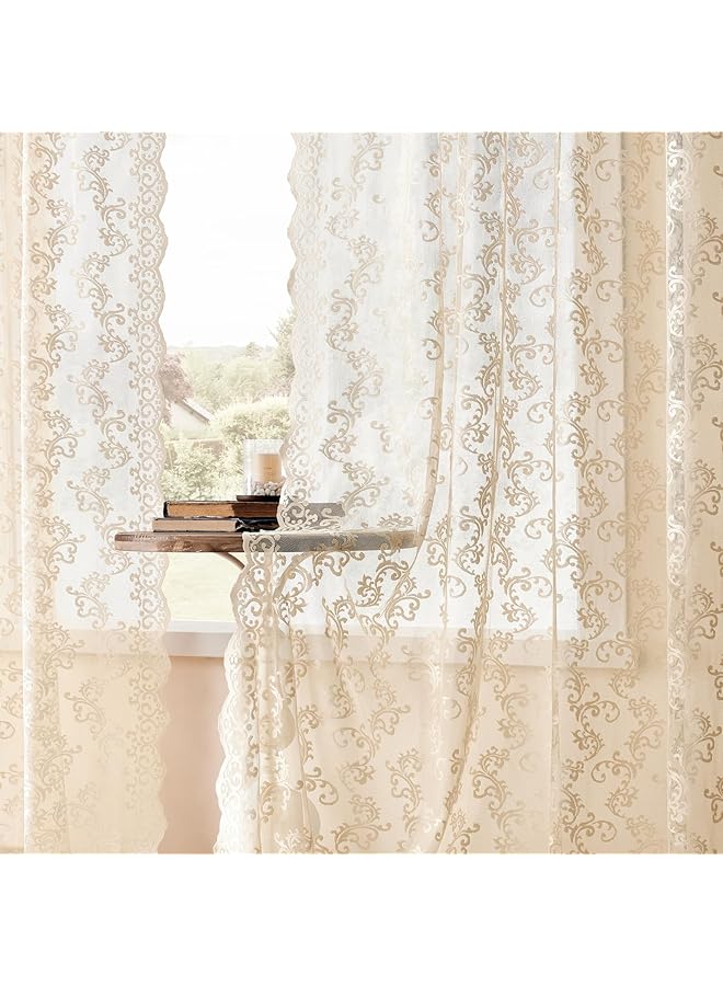 erorex Beige Lace Curtains 63 Inch Length 2 Panels Set Victorian Floral Sheer Curtains For Living Room Bedroom Rod Pocket Light Filtering Paisley Crochet Curtains French Window Drapes 52X63 - Image 4