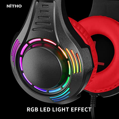 Nitho Spectra Gaming Headset with RGB Light and Microphone, Over-Ear Stereo Headphones for Xbox Series X|S, Xbox One, PS5, PS4, Nintendo Switch, PC, Mobile, 3.5 mm Audio Jack, 50 mm Drivers - Red - Image 2