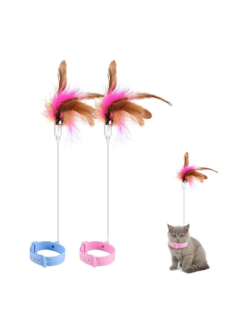 2Pcs Cat Feather Collar Toys Retractable Cat Teaser Toys With Silicone Collar Interactive Cat Toys Funny Exercise Toy For Kitten Or Cats Blue Pink - Image 1