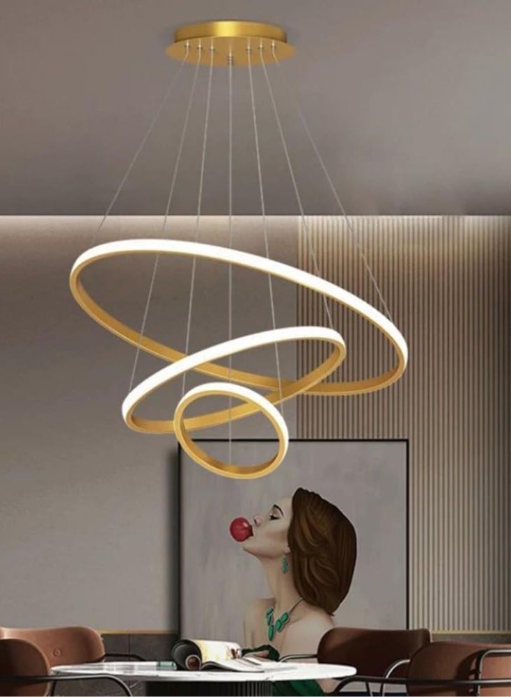 ثريا سقف ذهبية ليد عصرية 6911 ثلاث حلقات دائرية مع ريموت تحكم عن بعد قابلة للتعديل - ثريا إضاءة 3 حلقات LED متدلية بثلاث مستويات إضاءة - Image 4