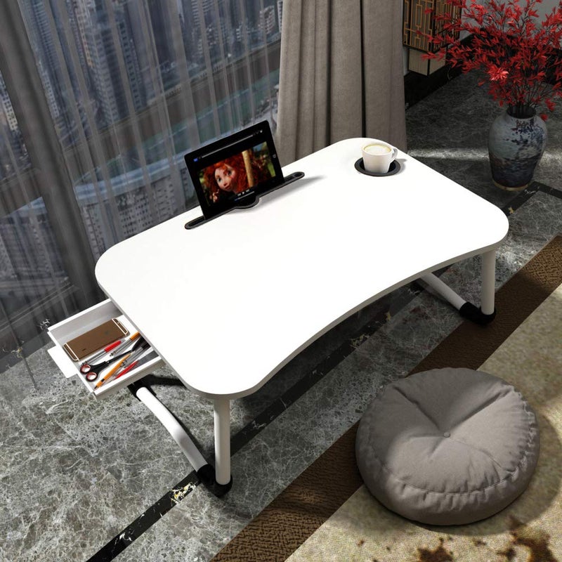 VebaCidi Lap Desk with Storage Drawer, Cup and Phone Holder, Laptop Bed Tray Table, 23.6" Foldable Laptop Desk, Laptop Stand for Working, Writing, Gaming and Drawing (23", White) - Image 1