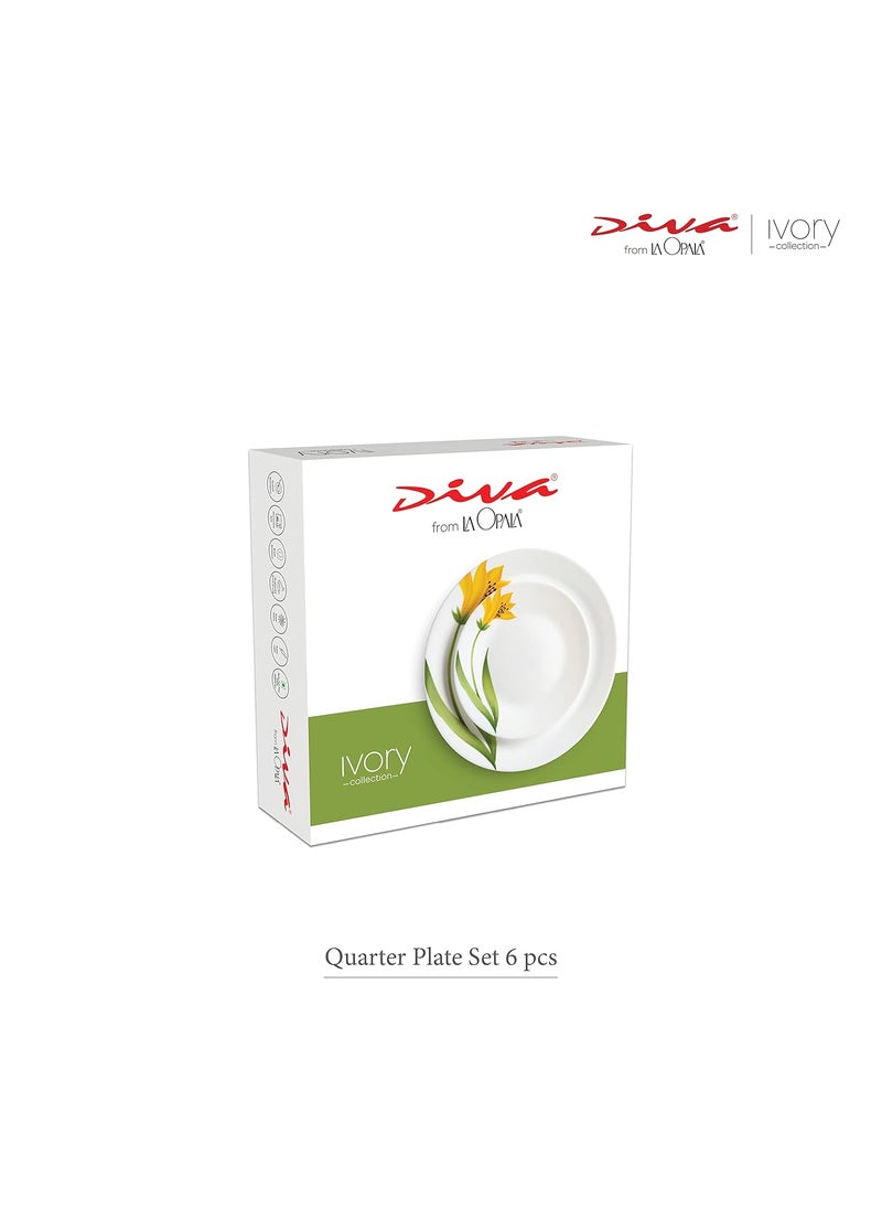 La Opala - La Opala Diva, Ivory Collection, Opal Glass Quarter Plate Set 6 pcs, Golden Fall, White, Standard - Image 1