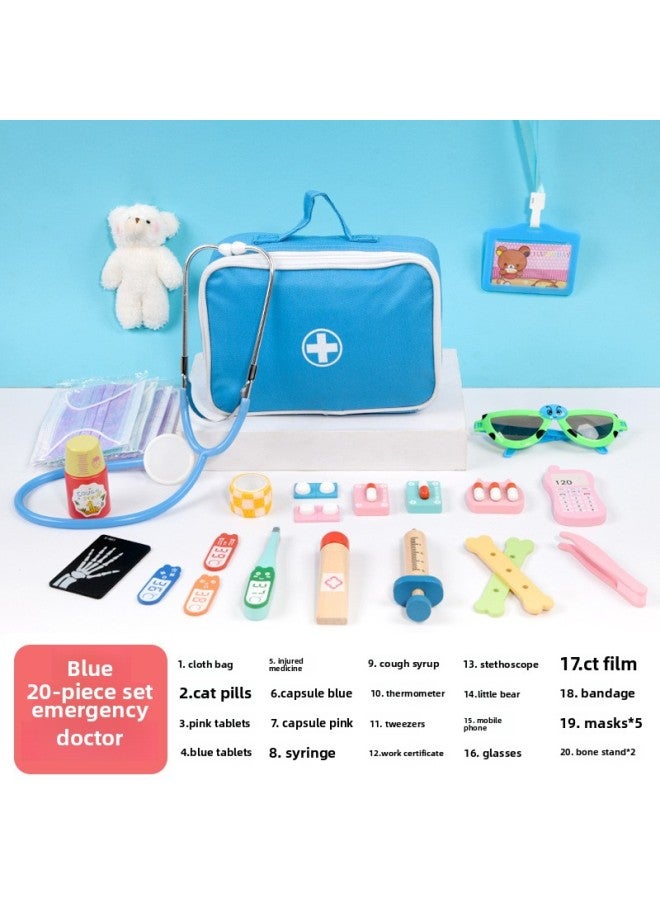 Baby Simulation Cloth Bag Medicine Box Children's Wooden Boy And Girl Play House Simulation Doctor Injection Toy Gift-Color:Blue Emergency Doctor (set Of 20)  - Image 1