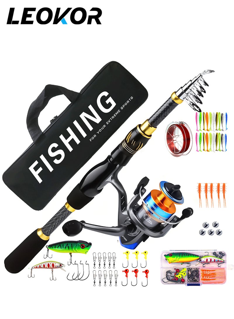 LEOKOR Fishing Pole and Tackle Box, Portable Telescopic Fiberglass Fishing Rod - Fishing Gear Set - With Reel Combo Set, Fishing Line, Fishing Lures Kit, Storage Bag - 2.1 Meter  - Image 1