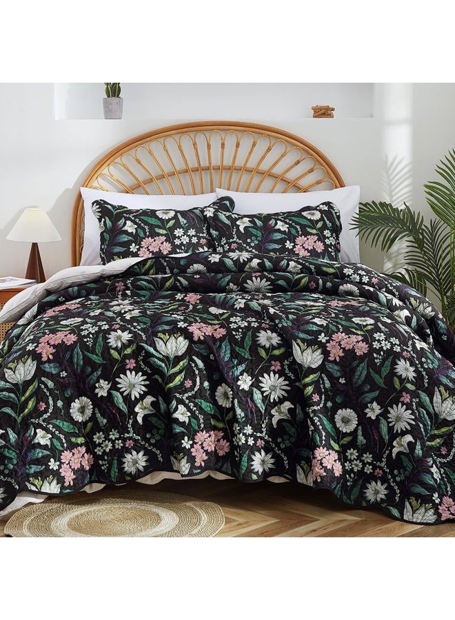 EVENHUG Floral Quilts Set Queen Size Botanical Bedding Sets with 2 Pillow Shams Reversible Black Bedspread Coverlet Lightweight Soft Bed Cover for All Season 3 Piece (92"X96") - Image 5
