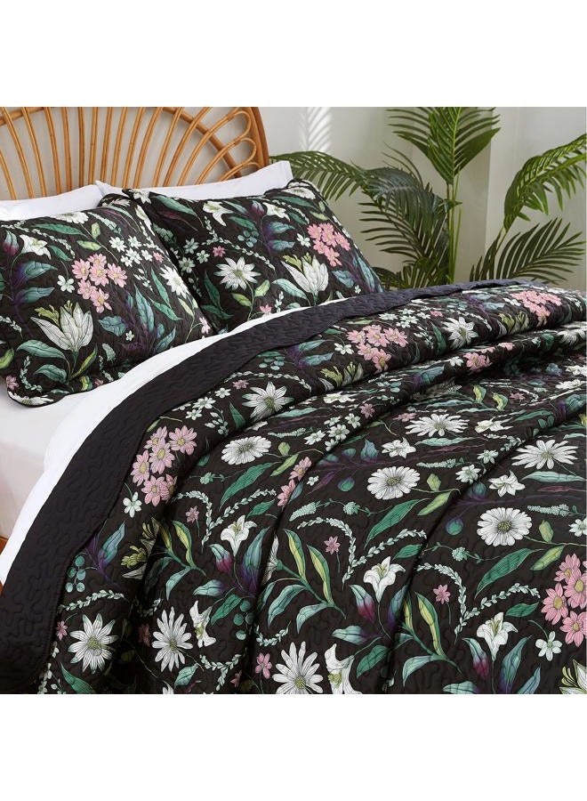 EVENHUG Floral Quilts Set Queen Size Botanical Bedding Sets with 2 Pillow Shams Reversible Black Bedspread Coverlet Lightweight Soft Bed Cover for All Season 3 Piece (92"X96") - Image 2