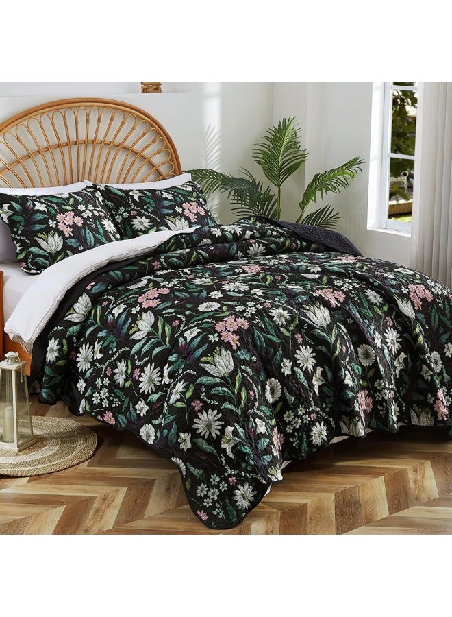 EVENHUG Floral Quilts Set Queen Size Botanical Bedding Sets with 2 Pillow Shams Reversible Black Bedspread Coverlet Lightweight Soft Bed Cover for All Season 3 Piece (92"X96") - Image 4