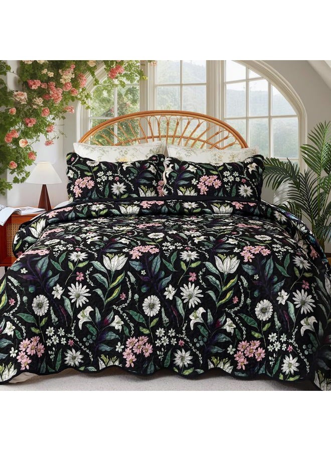 EVENHUG Floral Quilts Set Queen Size Botanical Bedding Sets with 2 Pillow Shams Reversible Black Bedspread Coverlet Lightweight Soft Bed Cover for All Season 3 Piece (92"X96") - Image 1