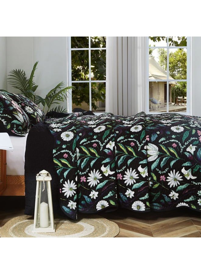 EVENHUG Floral Quilts Set Queen Size Botanical Bedding Sets with 2 Pillow Shams Reversible Black Bedspread Coverlet Lightweight Soft Bed Cover for All Season 3 Piece (92"X96") - Image 3