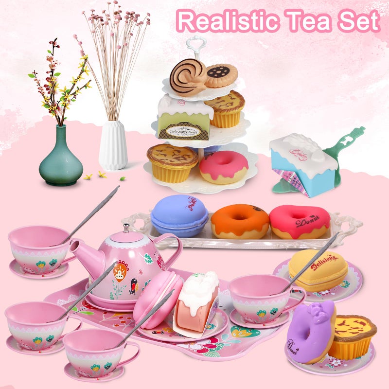 PRE-WORLD Tea Party Set for Little GirlsPREWORLD Princess Tea Time Toy Including DessertCookiesDoughnutTeapot Tray Cake Tablecloth  Carrying CaseKids Kitchen Pretend Play for Girls Boys Age 36 - Image 3