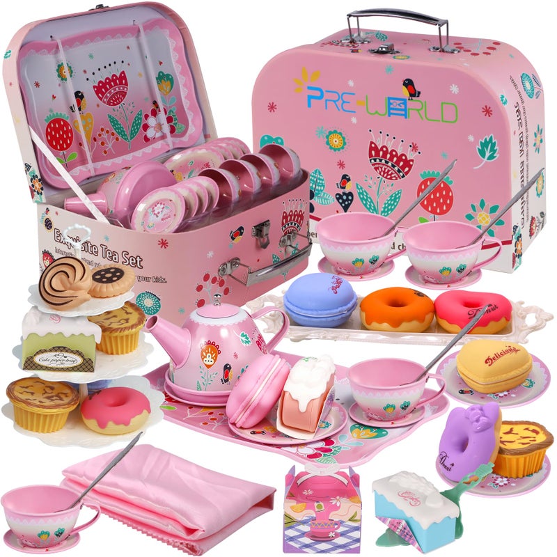 PRE-WORLD Tea Party Set for Little GirlsPREWORLD Princess Tea Time Toy Including DessertCookiesDoughnutTeapot Tray Cake Tablecloth  Carrying CaseKids Kitchen Pretend Play for Girls Boys Age 36 - Image 2