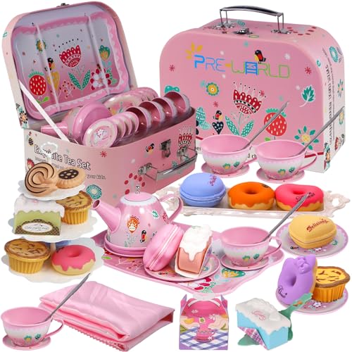 PRE-WORLD Tea Party Set for Little GirlsPREWORLD Princess Tea Time Toy Including DessertCookiesDoughnutTeapot Tray Cake Tablecloth  Carrying CaseKids Kitchen Pretend Play for Girls Boys Age 36 - Image 1