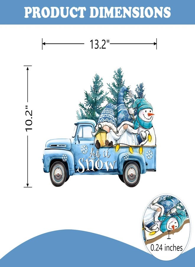 Bolisom Winter Blue Truck Gnome Snowman Front Door Sign, Let It Snow Pine Tree Wood Hanger Outdoor Outside Porch Home Decor, Farmhouse Christmas Snowflake Wooden Wreath Indoor Wall Hanging Decoration - Image 2