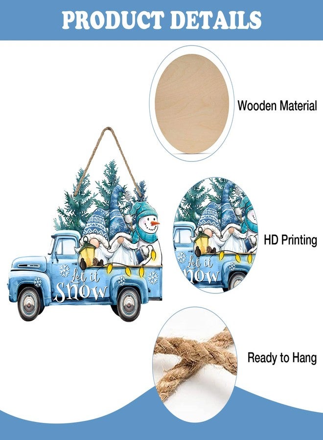 Bolisom Winter Blue Truck Gnome Snowman Front Door Sign, Let It Snow Pine Tree Wood Hanger Outdoor Outside Porch Home Decor, Farmhouse Christmas Snowflake Wooden Wreath Indoor Wall Hanging Decoration - Image 3