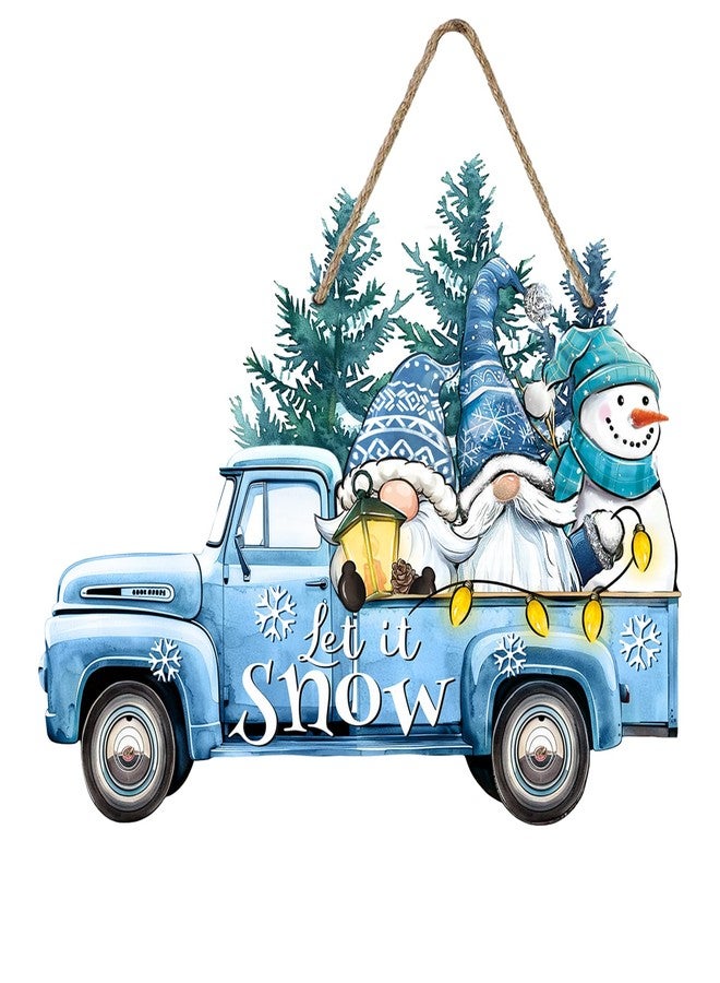 Bolisom Winter Blue Truck Gnome Snowman Front Door Sign, Let It Snow Pine Tree Wood Hanger Outdoor Outside Porch Home Decor, Farmhouse Christmas Snowflake Wooden Wreath Indoor Wall Hanging Decoration - Image 1