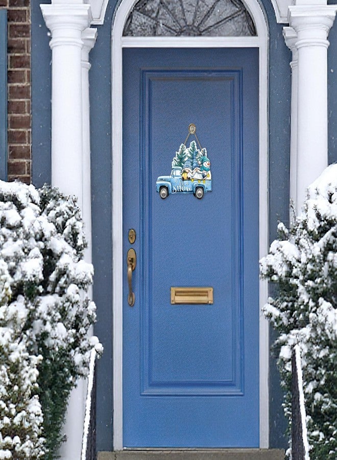Bolisom Winter Blue Truck Gnome Snowman Front Door Sign, Let It Snow Pine Tree Wood Hanger Outdoor Outside Porch Home Decor, Farmhouse Christmas Snowflake Wooden Wreath Indoor Wall Hanging Decoration - Image 4
