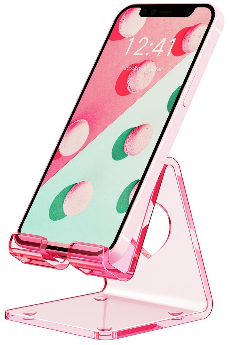 Crpich Acrylic Cell Phone Stand, Portable Phone Holder, Clear Pink Phone Stand for Desk, Compatible with Phone16 15 14 13 12 11 Pro Max SE, Switch, Android Smartphone, Pad, Tablet, Desk Accessories - Image 1
