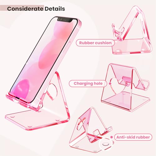 Crpich Acrylic Cell Phone Stand, Portable Phone Holder, Clear Pink Phone Stand for Desk, Compatible with Phone16 15 14 13 12 11 Pro Max SE, Switch, Android Smartphone, Pad, Tablet, Desk Accessories - Image 3