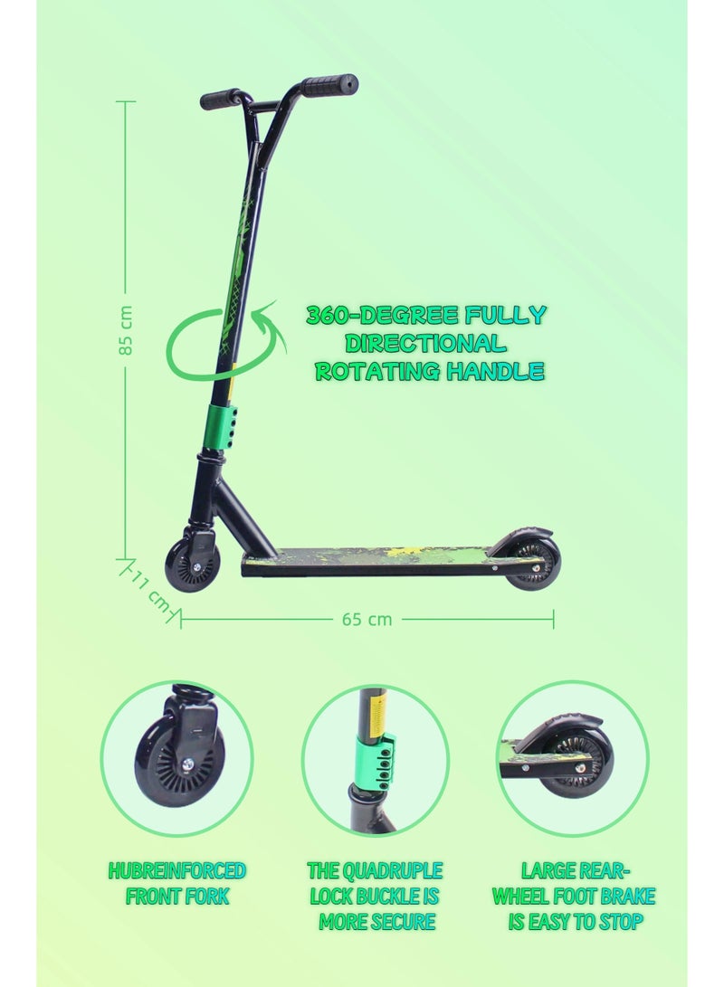 EASY FUTURE 2-Wheel Pro Scooter for Stunts – Aluminium Deck with Grip Tape, 110 mm Aluminium Wheels, Wide T-Bar Handlebars, Steel Brake, Lightweight 360° Freestyle Scooter for Beginner & Intermediate Levels Including Protective Gear Set - Image 2