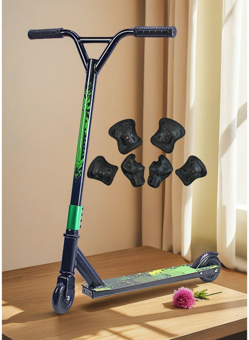 EASY FUTURE 2-Wheel Pro Scooter for Stunts – Aluminium Deck with Grip Tape, 110 mm Aluminium Wheels, Wide T-Bar Handlebars, Steel Brake, Lightweight 360° Freestyle Scooter for Beginner & Intermediate Levels Including Protective Gear Set - Image 1