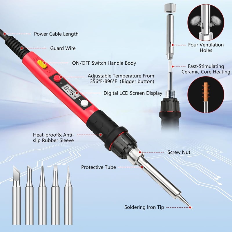 Q-MING Soldering Iron Kit, 80W 110V LCD Digital Solder Irons, Portable Welding Tools with Ceramic Heater, Accurate 356°F-896°F, for Metal, Jewelry Electrical Repairs, DIY - Image 2
