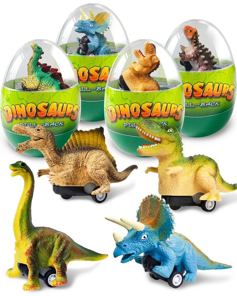 Greingways 4 Pack Dinosaur Pull Back Cars Prefilled Plastic Easter Eggs with Toys Inside Filled Toddler Easter Basket Stuffers Egg Fillers Montessori Toys Easter Gifts for Kids Boys Girls - Image 3