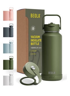 BEOLA 950ml Water Bottle 18/8 Stainless Steel 304 Double Wall Insulated Thermos Bottle with Straw Lid and wide mouth, 2 lids included, Hot Cold Liquids Sports Bottle, 32oz (Forest Green)  - Image 1