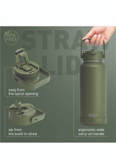 BEOLA 950ml Water Bottle 18/8 Stainless Steel 304 Double Wall Insulated Thermos Bottle with Straw Lid and wide mouth, 2 lids included, Hot Cold Liquids Sports Bottle, 32oz (Forest Green)  - Image 3