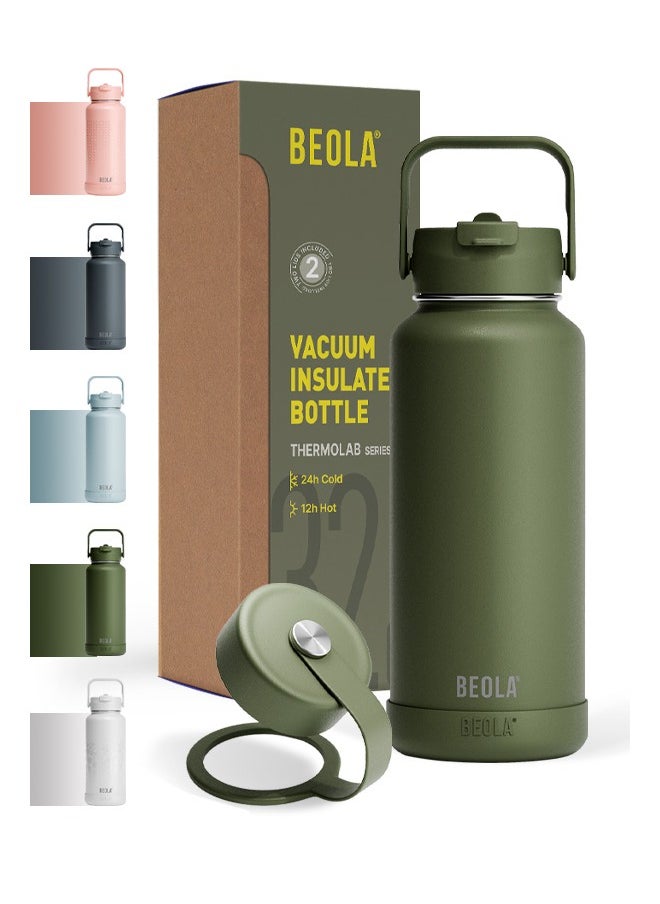 BEOLA 950ml Water Bottle 18/8 Stainless Steel 304 Double Wall Insulated Thermos Bottle with Straw Lid and wide mouth, 2 lids included, Hot Cold Liquids Sports Bottle, 32oz (Forest Green)  - Image 1