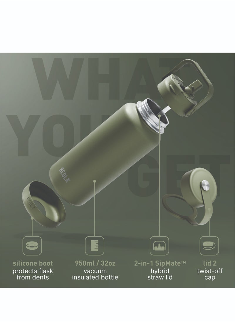 BEOLA 950ml Water Bottle 18/8 Stainless Steel 304 Double Wall Insulated Thermos Bottle with Straw Lid and wide mouth, 2 lids included, Hot Cold Liquids Sports Bottle, 32oz (Forest Green)  - Image 2