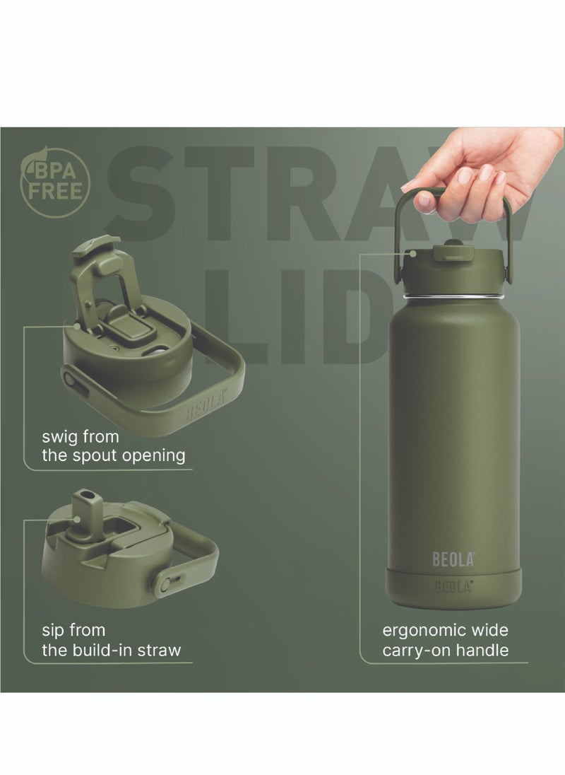 BEOLA 950ml Water Bottle 18/8 Stainless Steel 304 Double Wall Insulated Thermos Bottle with Straw Lid and wide mouth, 2 lids included, Hot Cold Liquids Sports Bottle, 32oz (Forest Green)  - Image 3