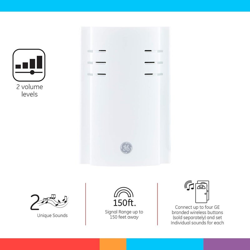 GE Wireless Doorbell Kit, Plug-In Receiver, 1 Push Buttons Door Bell, 2 Melodies Doorbell Chime, 4 Volume Levels, Classroom Doorbell, 150 Ft Range, White, 19298 - Image 2