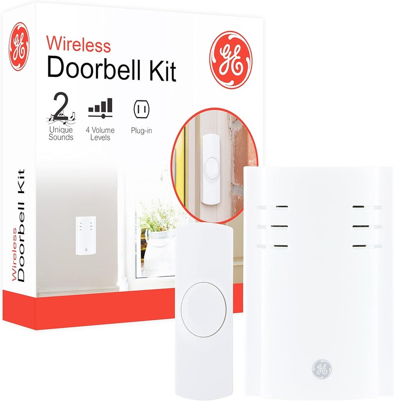 GE Wireless Doorbell Kit, Plug-In Receiver, 1 Push Buttons Door Bell, 2 Melodies Doorbell Chime, 4 Volume Levels, Classroom Doorbell, 150 Ft Range, White, 19298 - Image 1