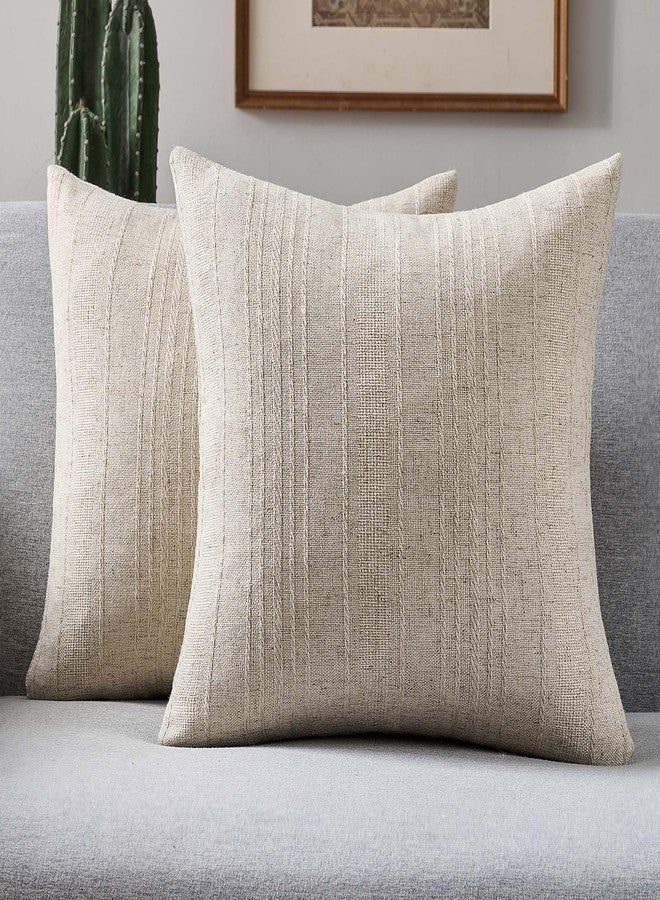 FUTEI Oatmeal Decorative Throw Pillow Covers 18x18 Inch Set of 2,Soft Linen Striped Texture Cushion Case,Farmhouse Home Decor for Couch Bed Living Room - Image 1