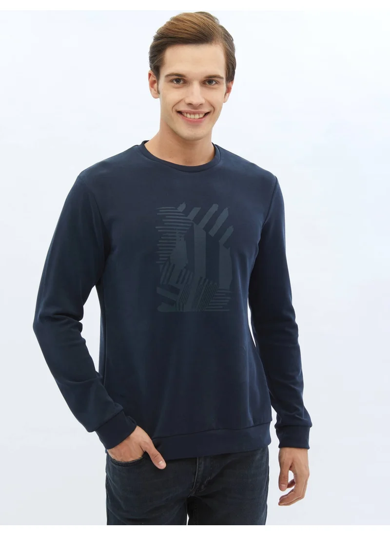 Kip Navy Blue Crew Neck Printed Sweatshirt