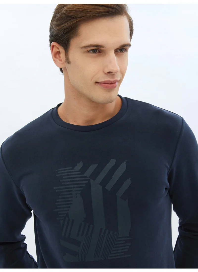 Kip Navy Blue Crew Neck Printed Sweatshirt