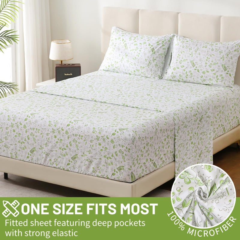 Bedlifes Queen Sheet Set Ultra Soft, Breathable, Silky Flower Deep Pocket 100% Microfiber Bedding, 4 Piece Queen Size Green Floral - Image 4
