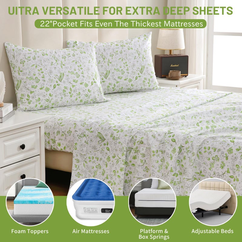 Bedlifes Queen Sheet Set Ultra Soft, Breathable, Silky Flower Deep Pocket 100% Microfiber Bedding, 4 Piece Queen Size Green Floral - Image 5