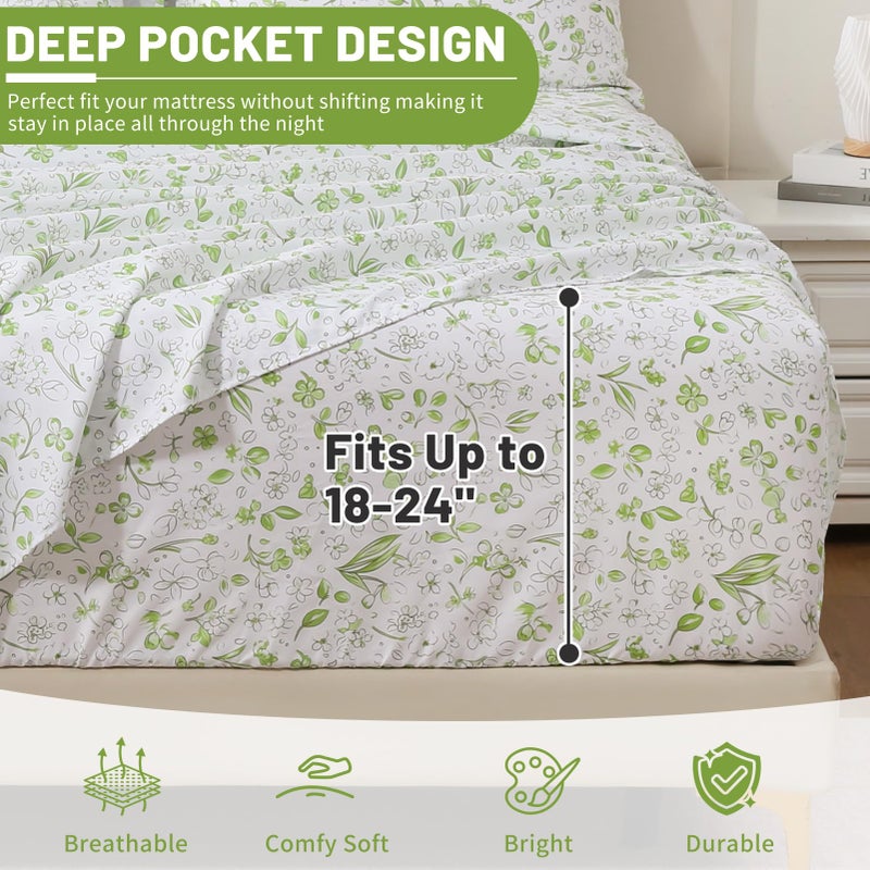 Bedlifes Queen Sheet Set Ultra Soft, Breathable, Silky Flower Deep Pocket 100% Microfiber Bedding, 4 Piece Queen Size Green Floral - Image 2