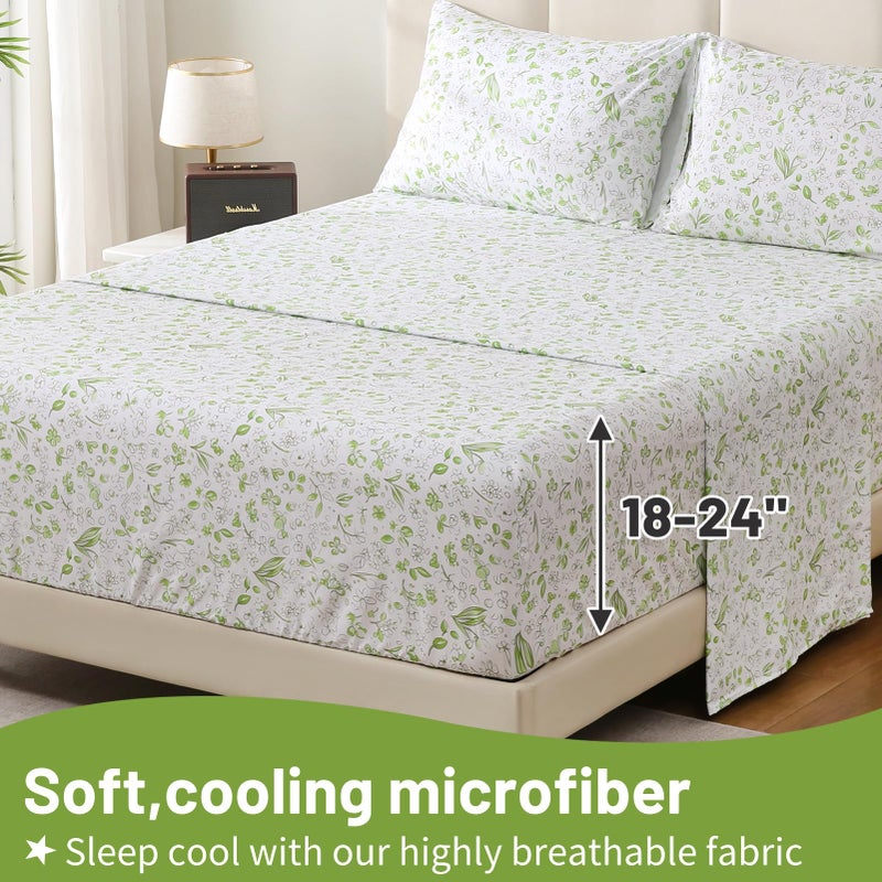 Bedlifes Queen Sheet Set Ultra Soft, Breathable, Silky Flower Deep Pocket 100% Microfiber Bedding, 4 Piece Queen Size Green Floral - Image 3