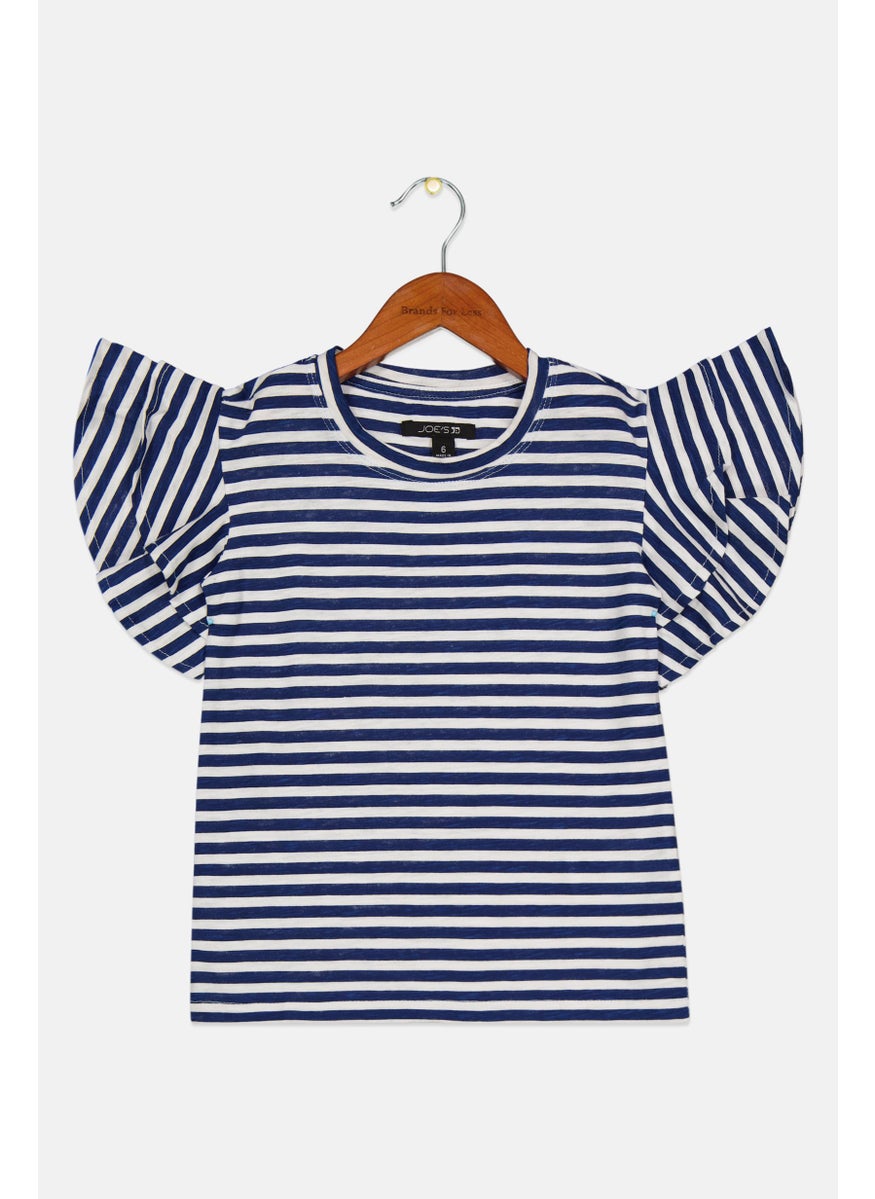 Joe's Kids Girl Stripe Flutter Sleeve Tops, Blue  - Image 1