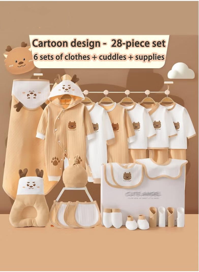 XiuWoo - 28 Piece Newborn Baby Gifts Set Newborn Baby Girl Boys Gifts Premium Cotton Baby Clothes Accessories Set 0-3 Months, 59cm, Brown White - Image 1
