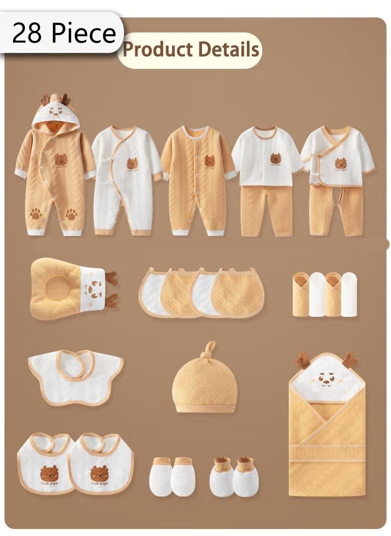 XiuWoo - 28 Piece Newborn Baby Gifts Set Newborn Baby Girl Boys Gifts Premium Cotton Baby Clothes Accessories Set 0-3 Months, 59cm, Brown White - Image 1