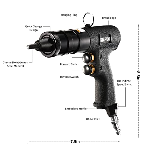 KIARUO Pneumatic Rivet Nut Gun with Self-locking Head Gun 1/4 & 5/16 & 3/8 Mandrels,Industrial Grade Adjustable Speed Pull Rivnut Gun Model:LM07 Button Switch - Image 2