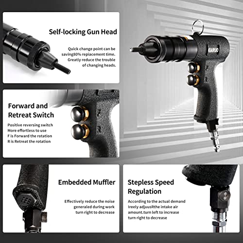 KIARUO Pneumatic Rivet Nut Gun with Self-locking Head Gun 1/4 & 5/16 & 3/8 Mandrels,Industrial Grade Adjustable Speed Pull Rivnut Gun Model:LM07 Button Switch - Image 4