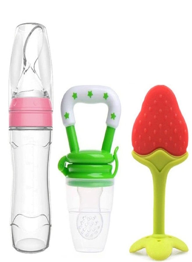 Lappu Baby Rice Paste Milk Cereal Bottle Food Feeder & Baby Fruit Nibbler & Silicone Teether (Combo Saver Pack) (Pink-Green-Strawbery) - Image 1
