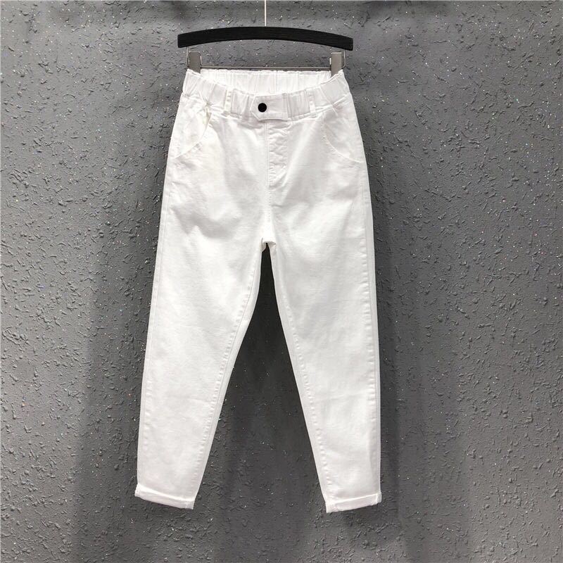 White jeans women's cropped casual pants spring and autumn students Korean style loose slimming elastic waist skinny pants harem pants - Image 2